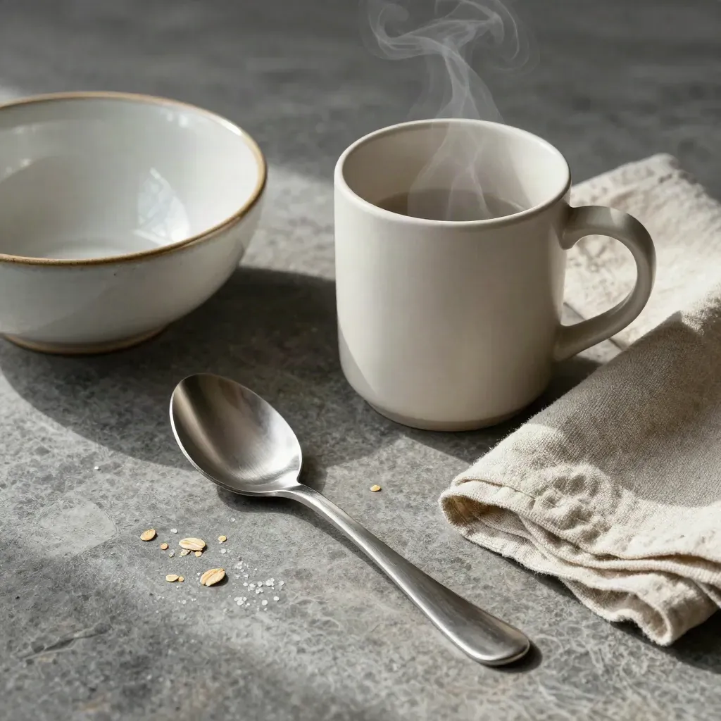Mise en place catering con cucchiaio in acciaio, tazza opaca, ciotola e lino su pietra neutra.