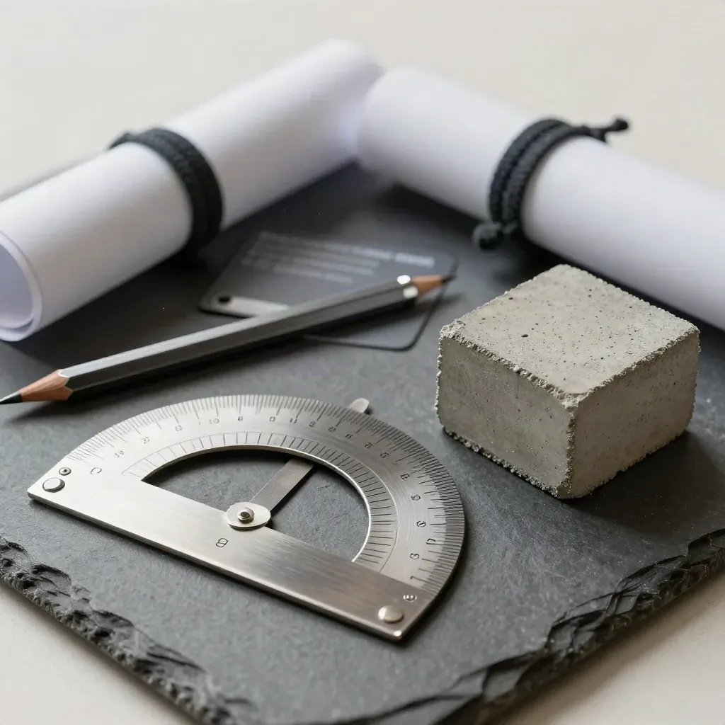 Kit da architetto con squadre metalliche, matita tecnica, rotolo di carta e campione di calcestruzzo.