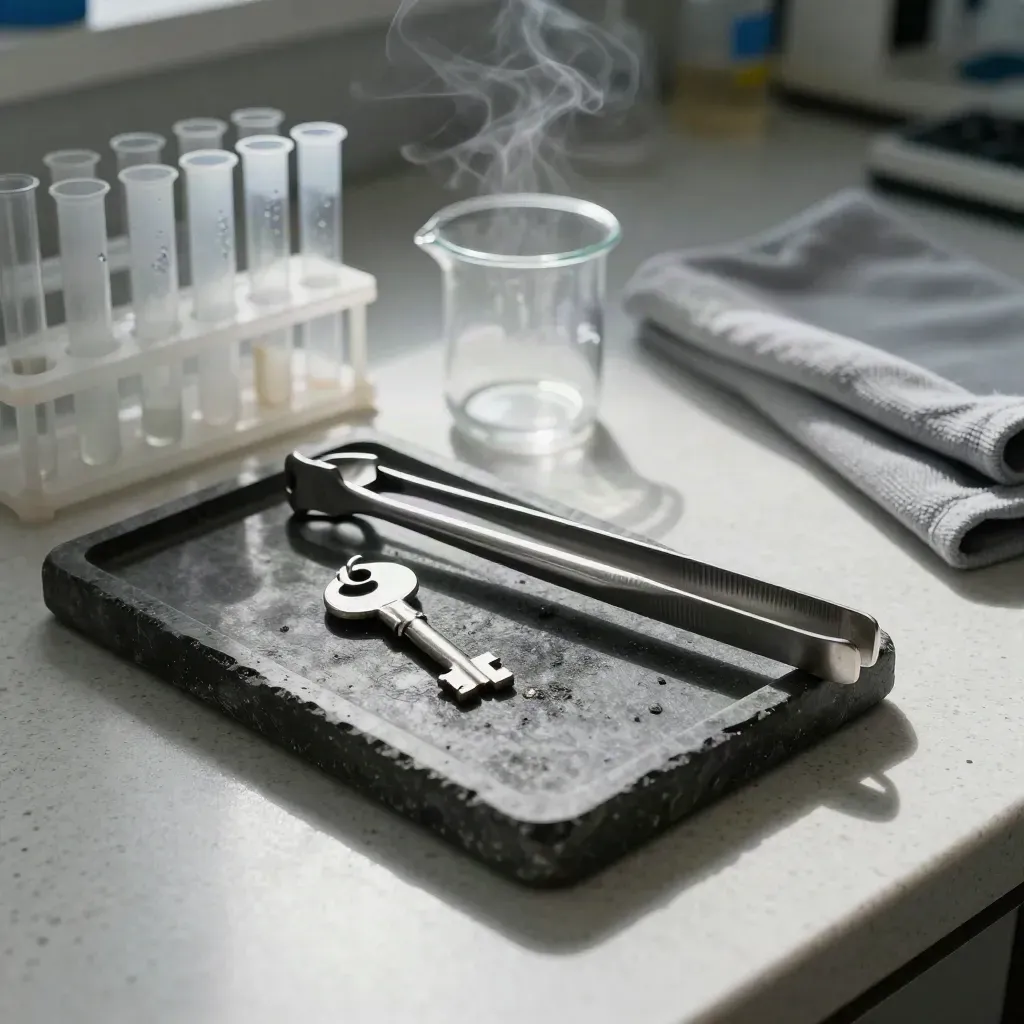 Attrezzi da laboratorio con provette opache e vapore freddo su pietra e travertino