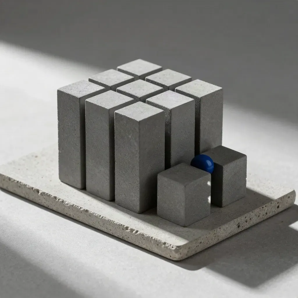 Moduli cubici opachi e tasselli magnetici impilati su pietra chiara, luce radente