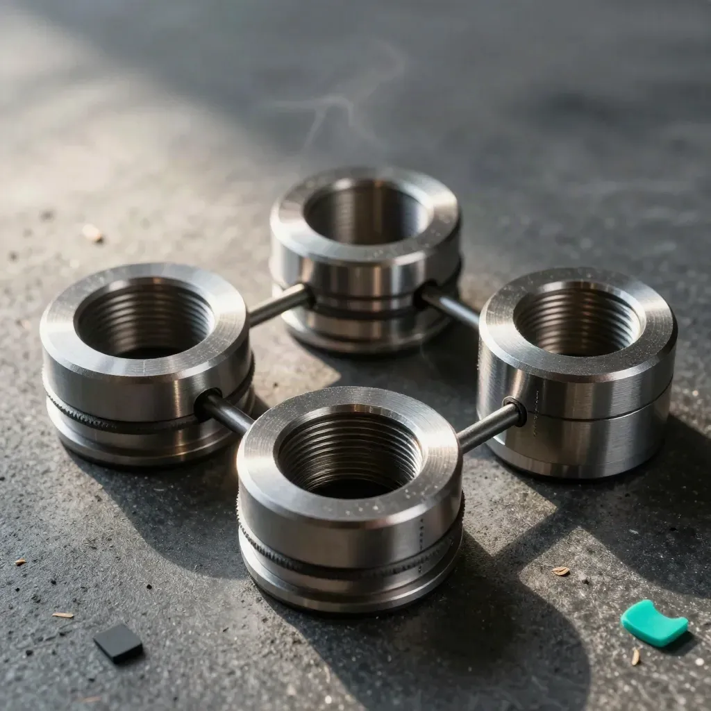 Quattro giunti metallici e un anello centrale in allineamento su cemento scuro, con accento turchese.